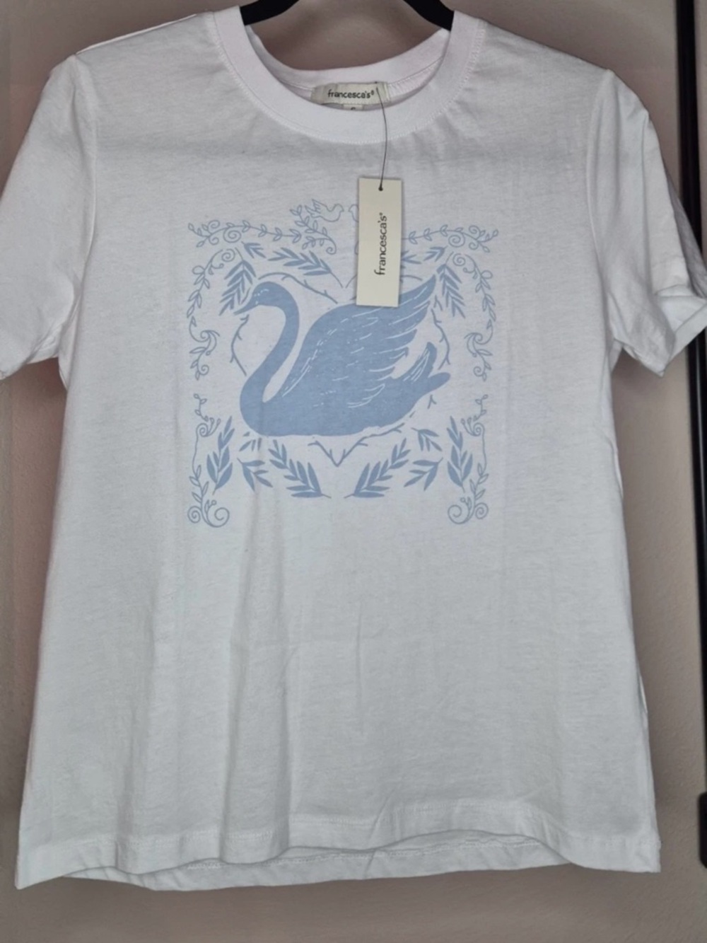 Francesca's White Tee with Pale Blue Swan Motif